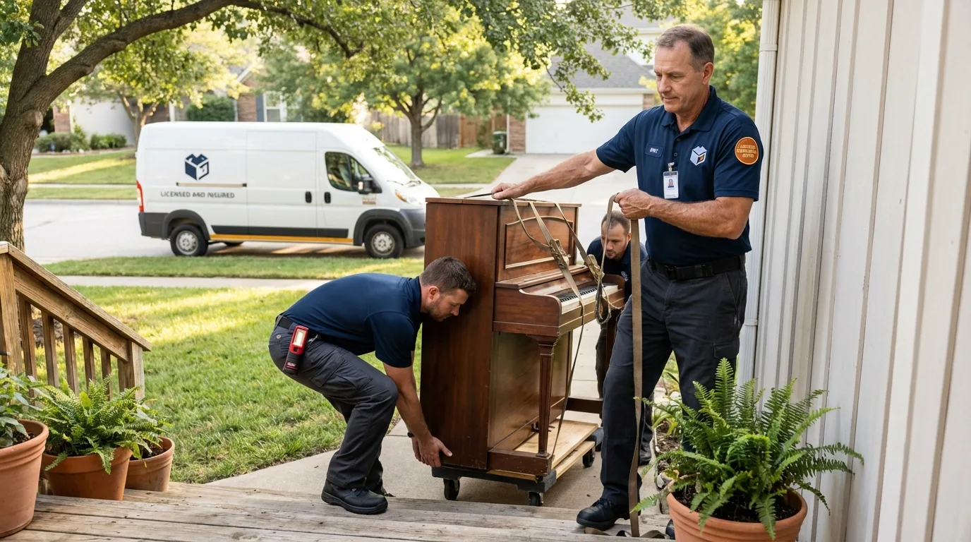 Licensed piano movers securing grand piano in Winthrop, ME