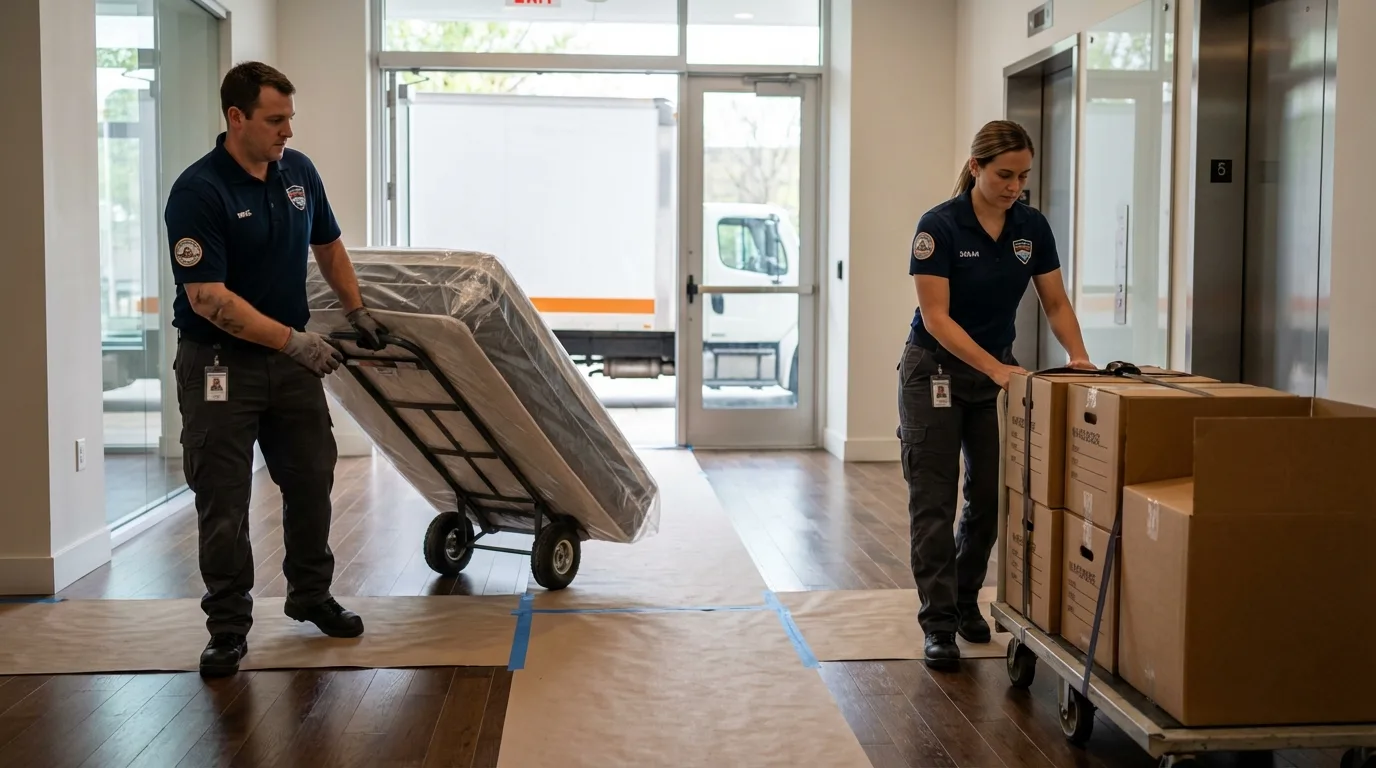 Professional apartment movers loading elevator in Winthrop, ME