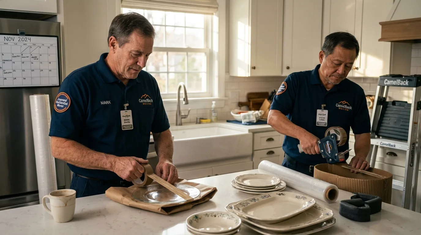 Professional crew packing kitchen dishware in Winthrop, ME